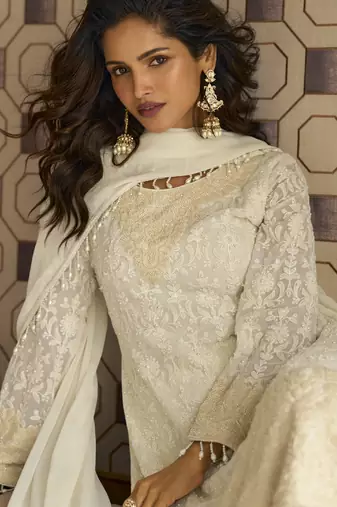 Off white georgette embroidered beads work palazzo suit