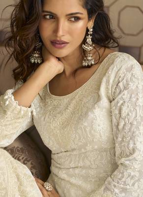 Off white georgette embroidered beads work palazzo suit 4