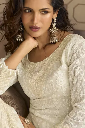 Off white georgette embroidered beads work palazzo suit