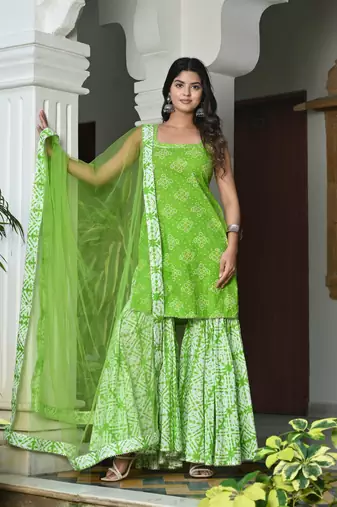 Cannabis with bandhej cotton sharara set