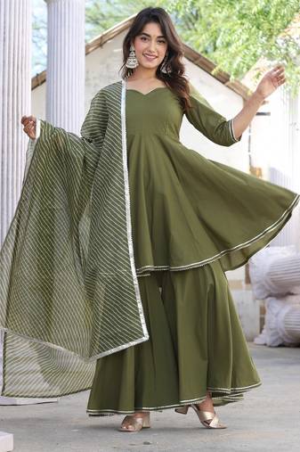 Lahariya mehndi green cotton sharara set