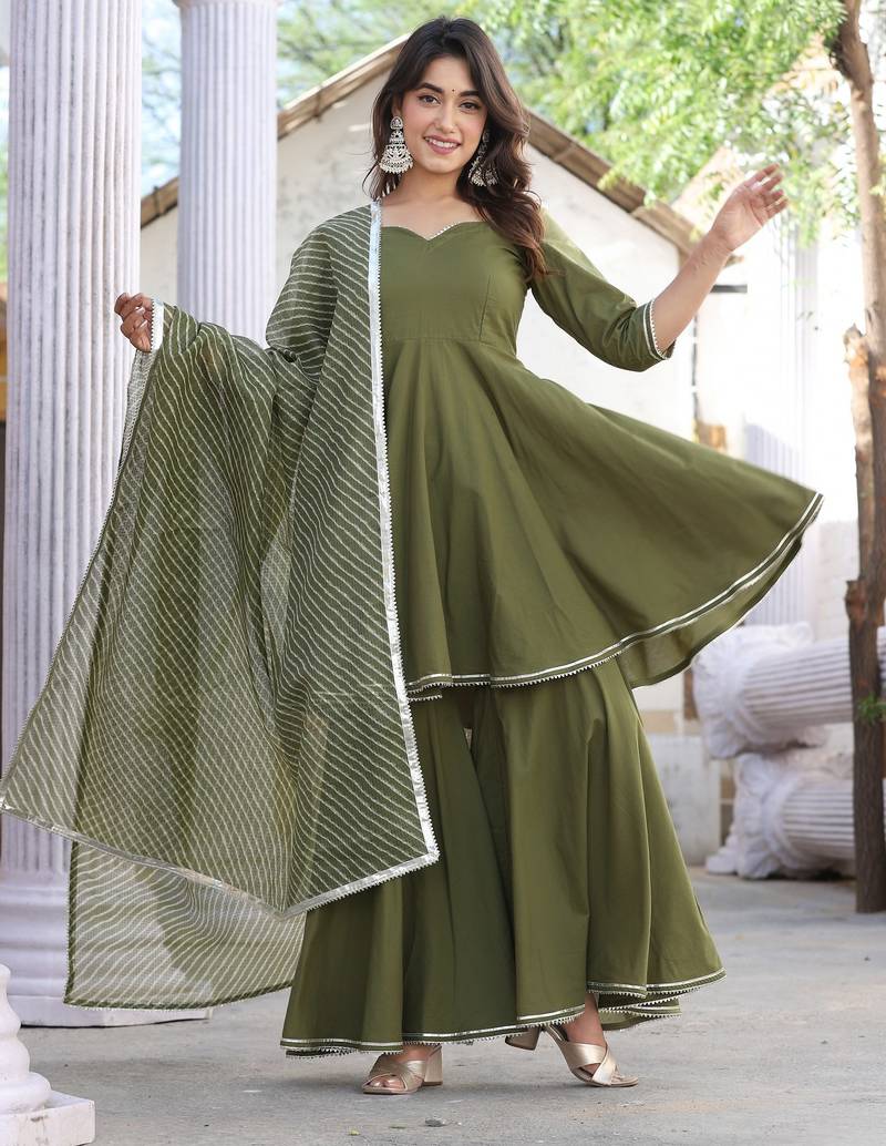 Lahariya mehndi green cotton sharara set