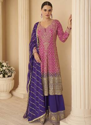 Pink georgette embroidered seroski zarkan work plazzo suit 1