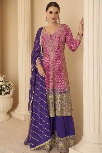 Pink georgette embroidered seroski zarkan work plazzo suit