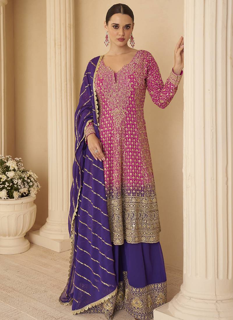 Pink georgette embroidered seroski zarkan work plazzo suit