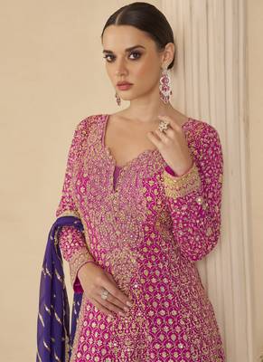 Pink georgette embroidered seroski zarkan work plazzo suit 2