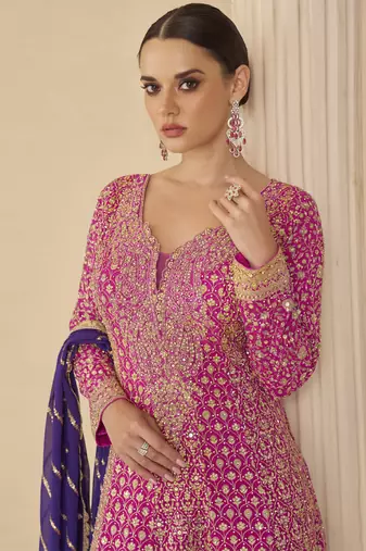 Pink georgette embroidered seroski zarkan work plazzo suit