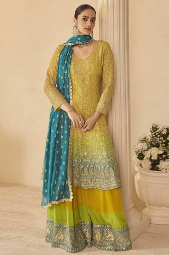 Yellow georgette embroidered zarkan work palazzo suit