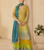 Yellow georgette embroidered zarkan work palazzo suit
