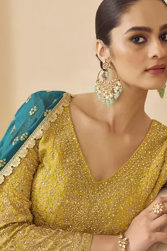 Yellow georgette embroidered zarkan work palazzo suit