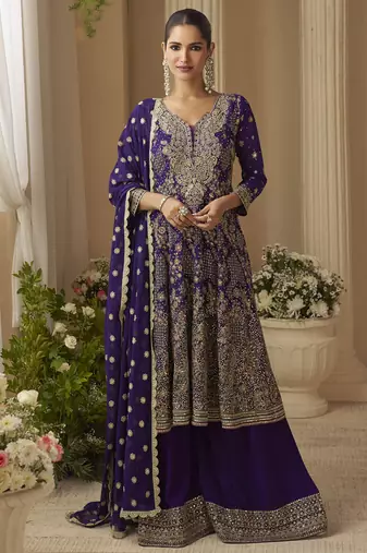 Violet georgette embroidered zarkan work palazzo suit