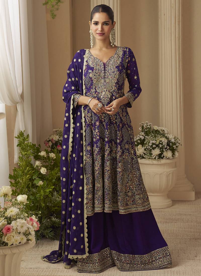 Violet georgette embroidered zarkan work palazzo suit