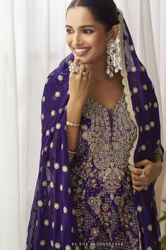 Violet georgette embroidered zarkan work palazzo suit