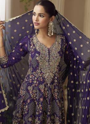 Violet georgette embroidered zarkan work palazzo suit 3