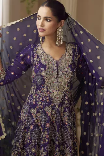 Violet georgette embroidered zarkan work palazzo suit