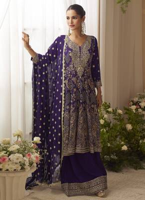 Violet georgette embroidered zarkan work palazzo suit 4