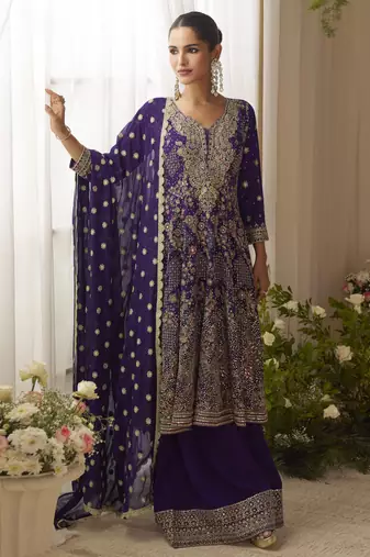 Violet georgette embroidered zarkan work palazzo suit