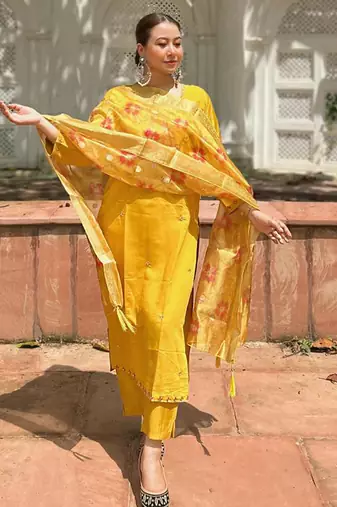 Yellow women kurta pant dupatta set