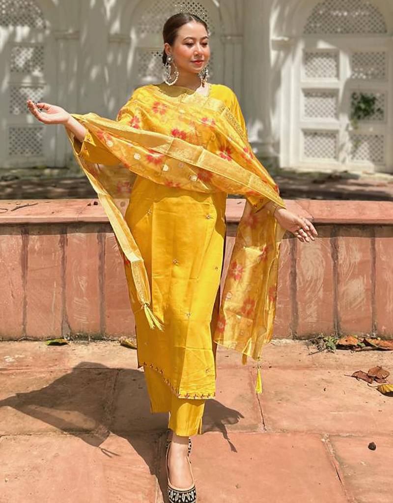 Yellow women kurta pant dupatta set