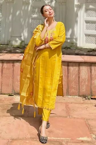 Yellow women kurta pant dupatta set