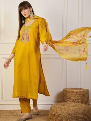 Yellow women kurta pant dupatta set 1