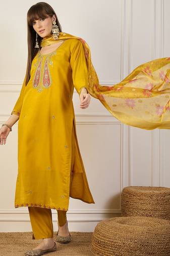 Yellow women kurta pant dupatta set