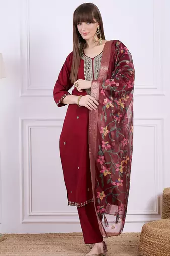 Maroon women kurta pant dupatta set