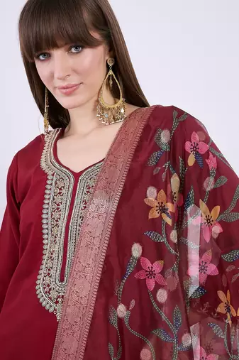 Maroon women kurta pant dupatta set