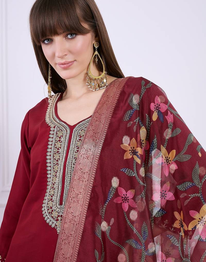 Maroon women kurta pant dupatta set