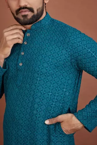 Teal chikankari rayon straight kurta for men