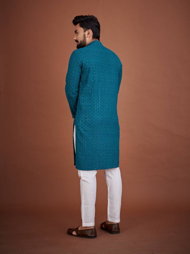 Teal chikankari rayon straight kurta for men