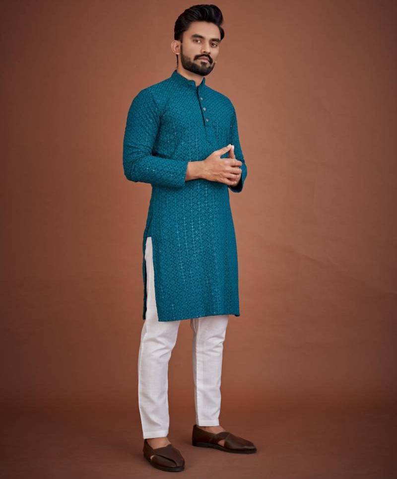 Teal chikankari rayon straight kurta for men