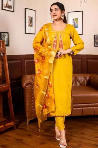 Yellow women kurta pant dupatta set