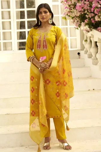Yellow women kurta pant dupatta set