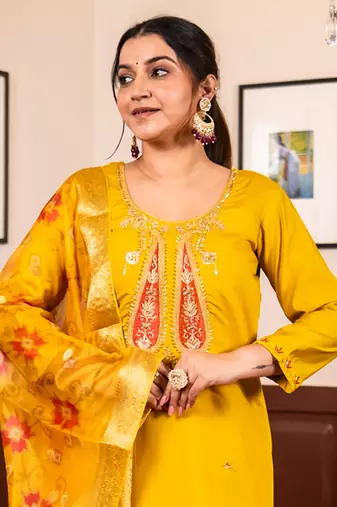 Yellow women kurta pant dupatta set