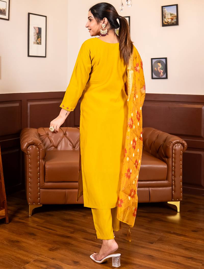 Yellow women kurta pant dupatta set