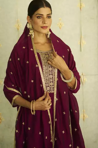 Purple women kurta pant dupatta set
