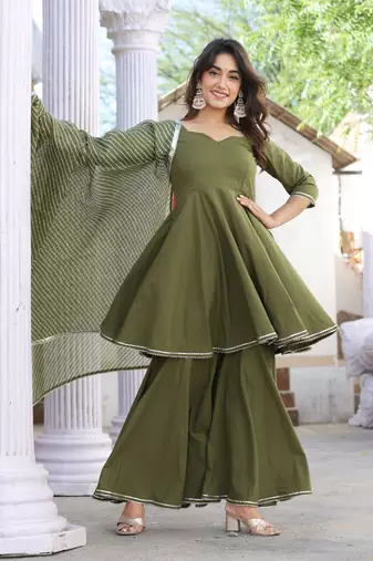 Lahariya mehndi green cotton sharara set