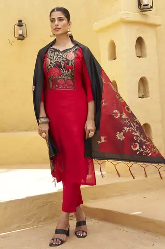Red women kurta pant dupatta set