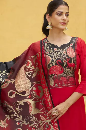Red women kurta pant dupatta set