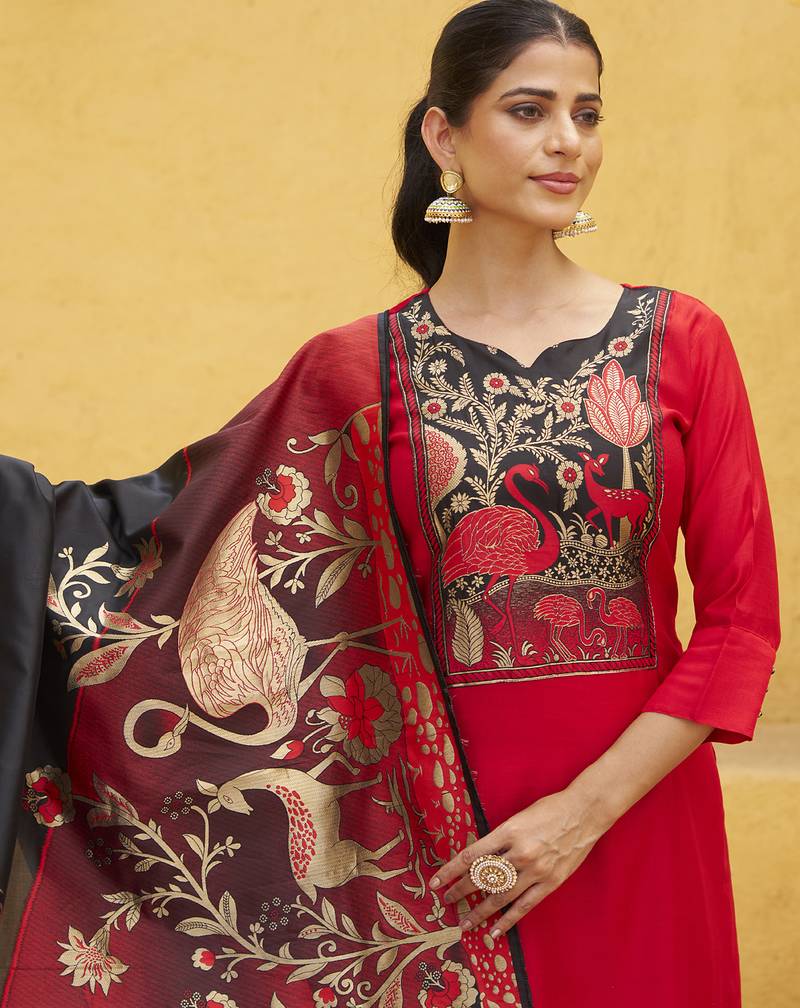 Red women kurta pant dupatta set