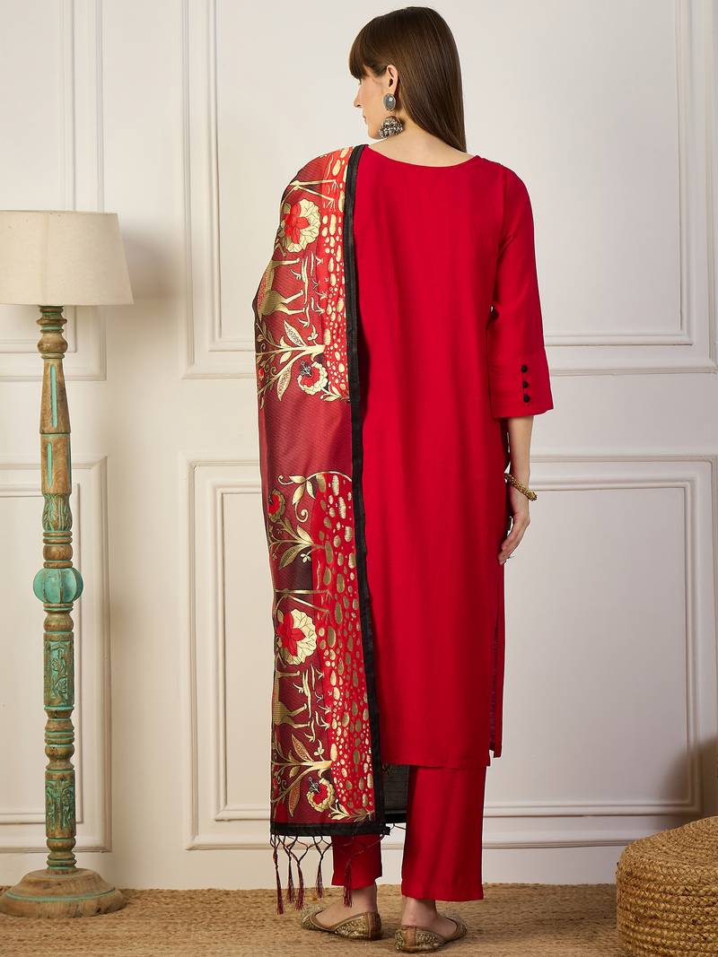Red women kurta pant dupatta set