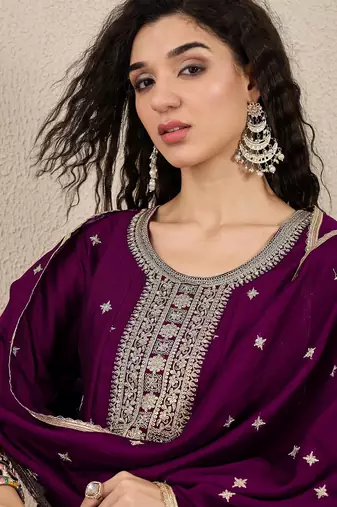 Purple women kurta pant dupatta set