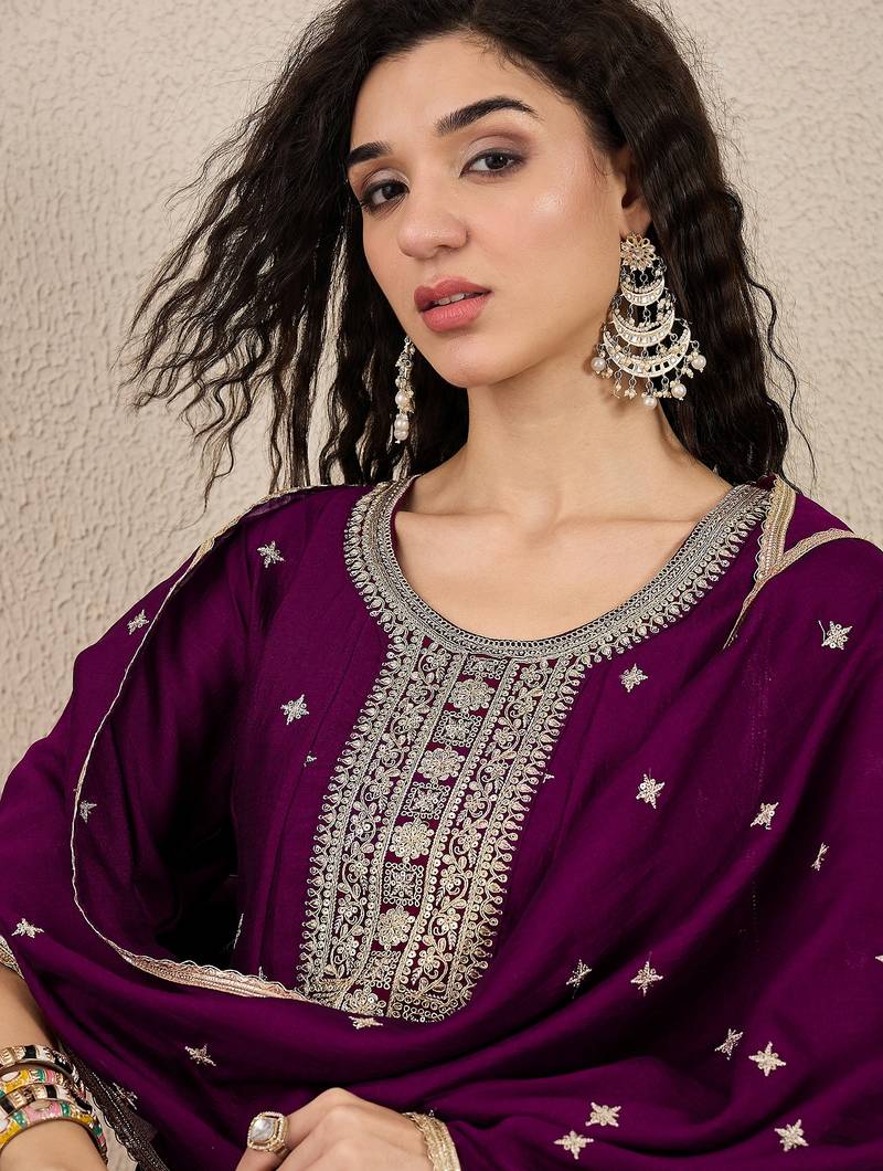 Purple women kurta pant dupatta set