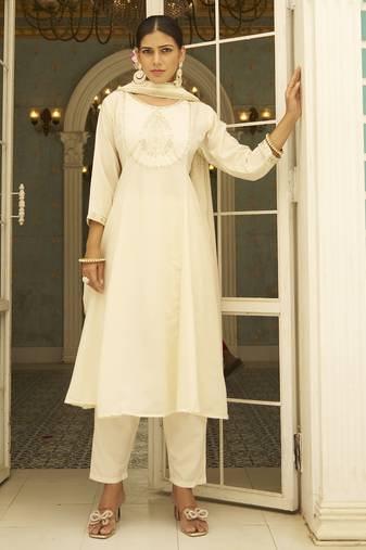 Beige women kurta pant dupatta set