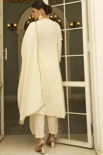 Beige women kurta pant dupatta set