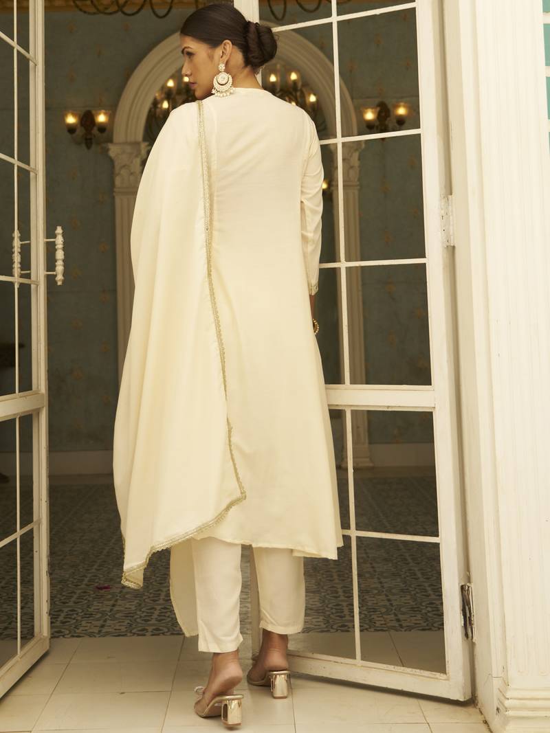 Beige women kurta pant dupatta set