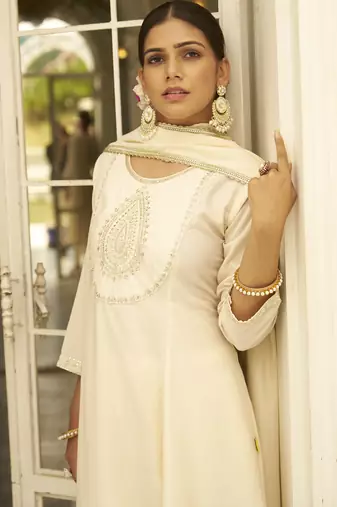 Beige women kurta pant dupatta set