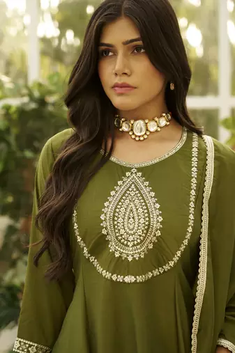 Green women kurta pant dupatta set