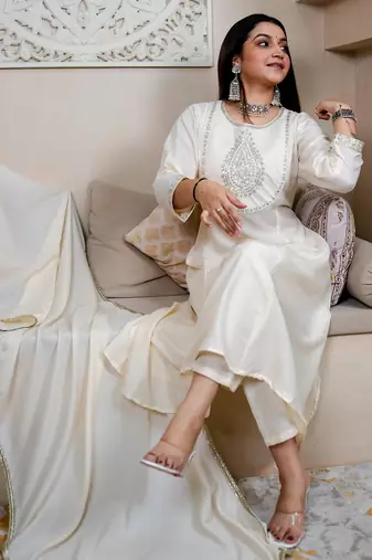 Beige women kurta pant dupatta set